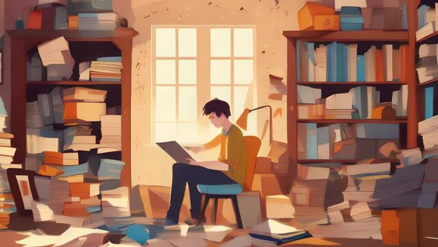 A person with hoarding disorder their room filled with stacks of clutter. Psychology art concept. AI generation.