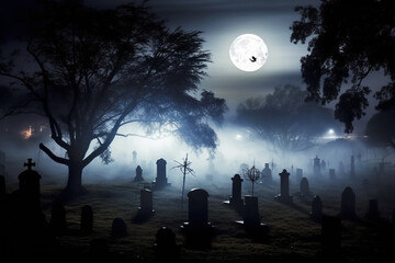 A cemetery at night with a full moon in the background, Generative AI