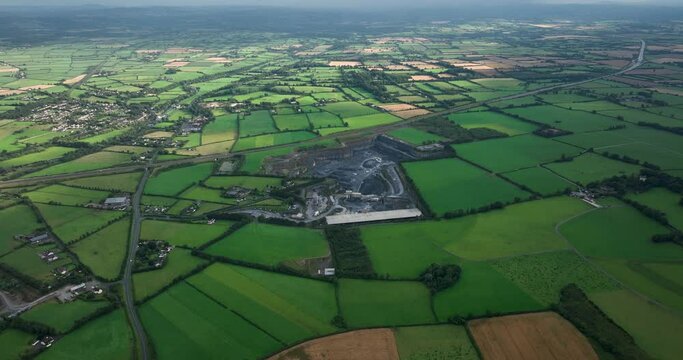 Aerial Shot Of Large Quarry Nearby M9 Motorway In Kilkenny, Ireland. 4k