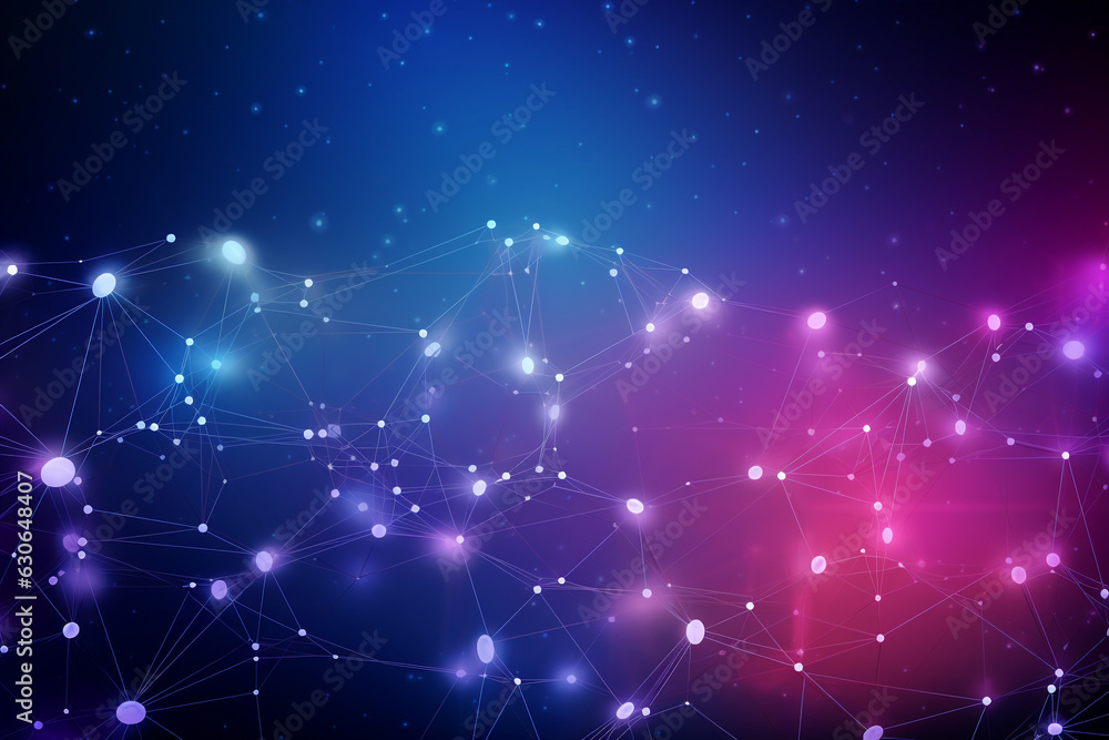 Poster purple and blue background with a network grid and particles connected, abstract plexus line digital