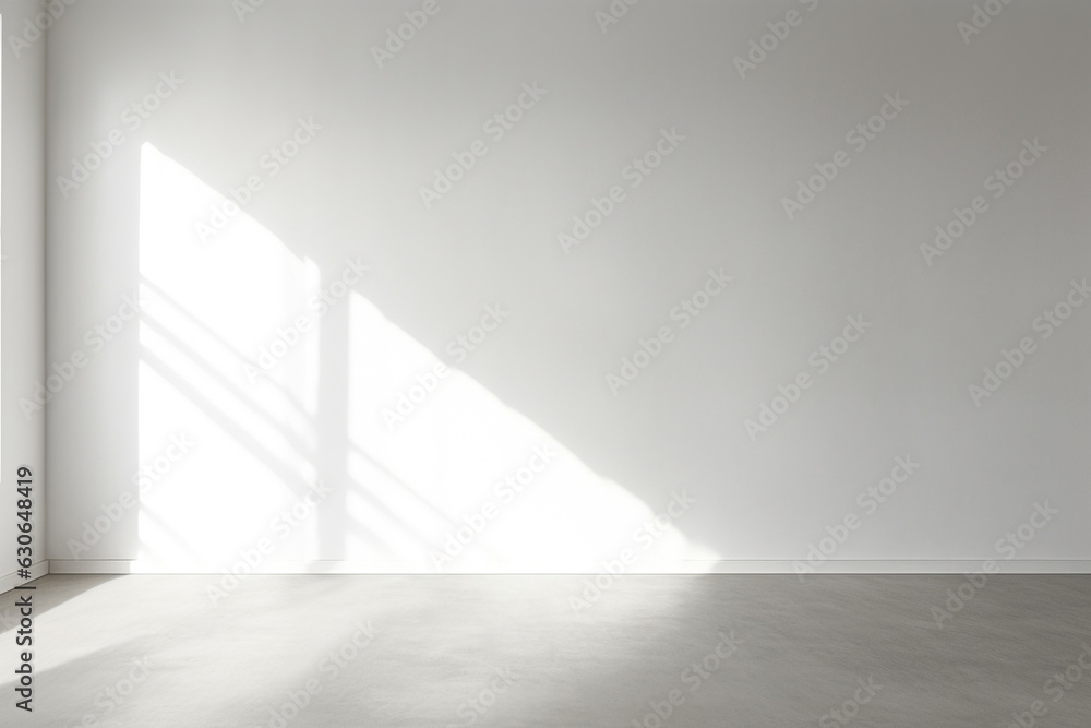 Poster an empty room with a soft shadow on the white wall coming from the window, generative ai