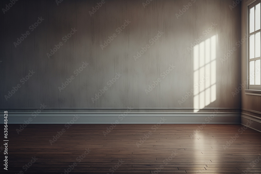 Poster an empty room with a wooden floor. and a soft shadow coming from the window, generative ai