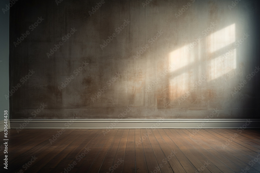 Poster an empty room with a wooden floor. and a soft shadow coming from the window, generative ai