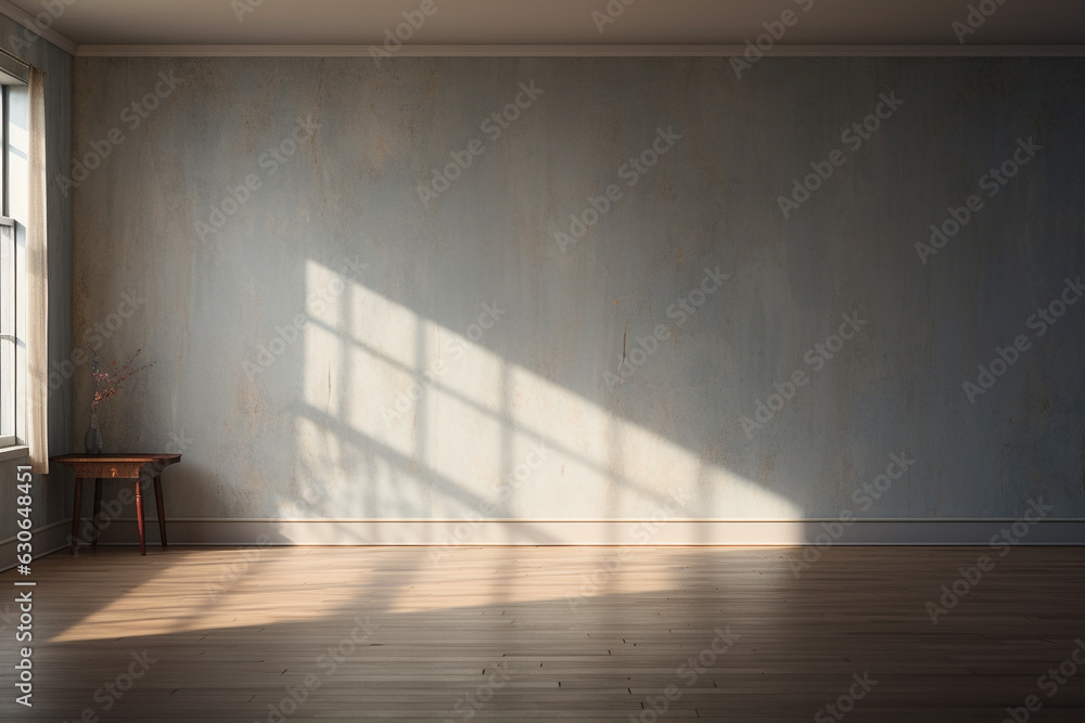 Poster an empty room with a wooden floor. and a soft shadow coming from the window, generative ai