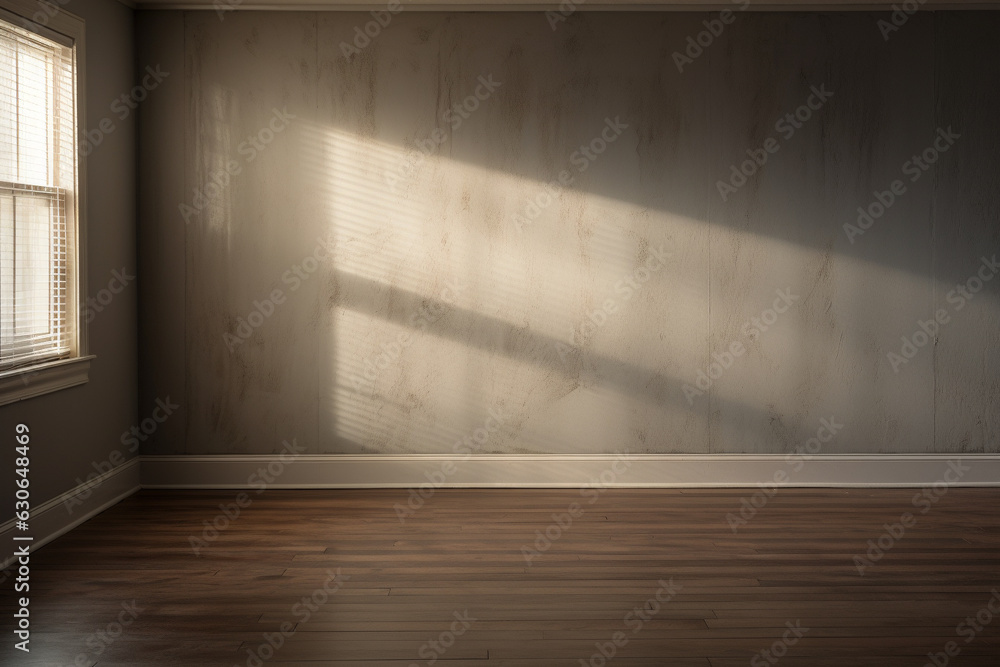 Poster an empty room with a wooden floor. and a soft shadow coming from the window, generative ai