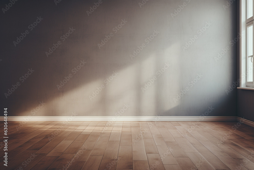 Poster an empty room with a wooden floor. and a soft shadow coming from the window, generative ai