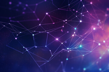 Purple and blue background with a network grid and particles connected, abstract plexus line digital technology background, Generative AI