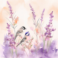 Colorful birds on stick blooming tree with flower in watercolor design artistic. Concept of painting technique isolated on white background in canvas.