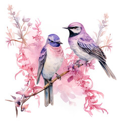 Colorful birds on stick blooming tree with flower in watercolor design artistic. Concept of painting technique isolated on white background in canvas.