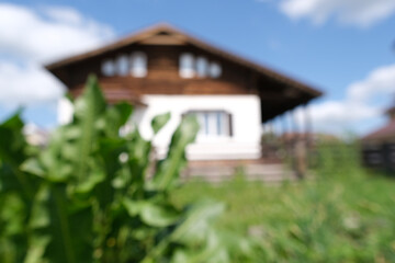 Unfocused, blured background. Wooden chale on summer sunny day.