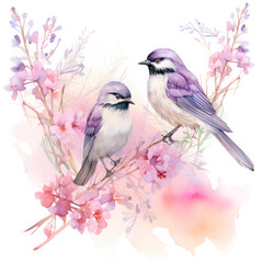 Colorful birds on stick blooming tree with flower in watercolor design artistic. Concept of painting technique isolated on white background in canvas.