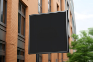 Empty black square signboard mockup in outside for logo design, brand presentation for companies, ad, advertising, shops.