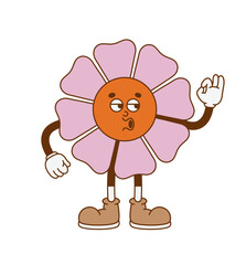 Fototapeta premium The hand-drawn retro character of the groovy flower. Vector illustration in trendy retro cartoon style.
