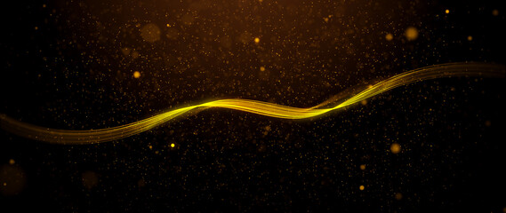 golden line wave and particles shining stars dust bokeh glitter awards dust abstract background. Futuristic glittering in space on black background.