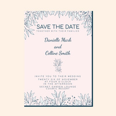Simple Minimalist Plants Leaf Botanical frame pattern with Pink background Wedding Save The Date Invitation Template