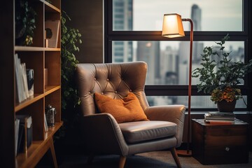 Living room interior with gray velvet sofa, pillows, green plaid, lamp and fiddle leaf tree in wicker basket on white wall background. 3D rendering,Generative AI