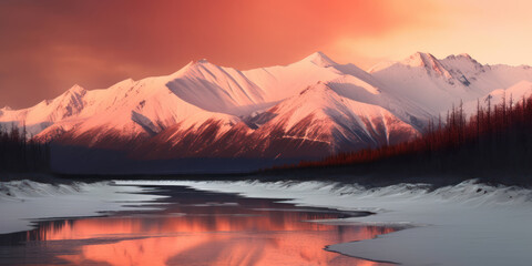 Fototapeta na wymiar Tranquil Winter Sunrise over Snowy Mountain Range and Reflection in Lake