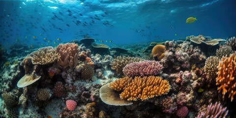 Naklejka na ściany i meble Vibrant underwater scene with diverse marine wildlife in a thriving coral reef ecosystem.