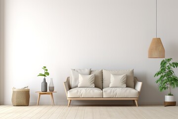 Bright living room interior with white empty wall,Generative AI