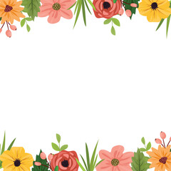 Floral seamless border. Floral frame of green leaves, wildflowers, , isolated on white background. Illustration for design, print, background