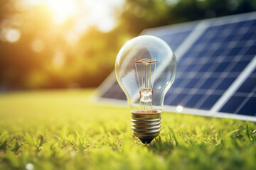 Electric light bulb with solar photovoltaic panel on grass. Renewable energy concept.