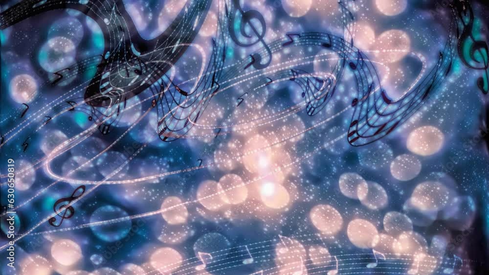 Poster beautiful abstract colorful collage with music notes. Loop Animation.