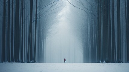 Silhouette of a person on a path in the snow surrounded by trees, made with generative AI.