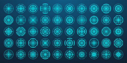 Crosshair, gun sight vector icons. Bullseye, black target or aim symbol. Military rifle scope, shooting mark sign. Targeting, aiming for a shot. Archery, hunting and sports shooting. Game UI element.