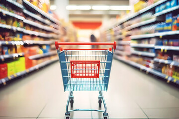Empty shopping cart with supermarket shelves. Generative ai design concept.