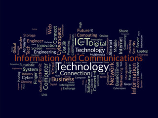 Word cloud background concept for Information and Communications Technology (ict). cyberspace network system of software development service. vector illustration.
