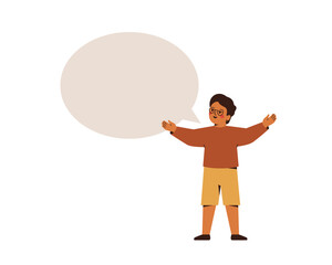 Small child boy explains something via speech bubble. School student has creative solution or idea in his mind. Communication concept. Vector illustration