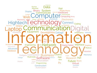 Word cloud background concept for Information technology. Computer network system use for internet communication skill develop. vector illustration.