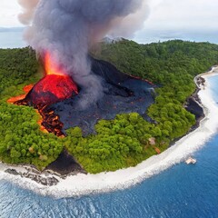 Fototapeta premium Volcano eruption on the island aerial view 
