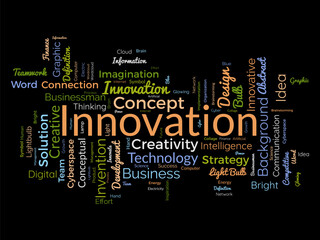 Word cloud background concept for Innovation. Creativity concept strategy can do invention solution idea develop. vector illustration.