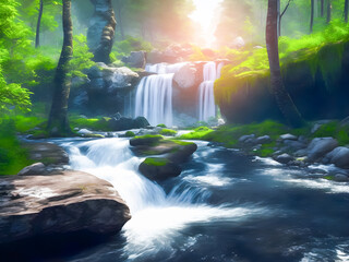 Beautiful landscape of a waterfall in the rainforest. generative ai