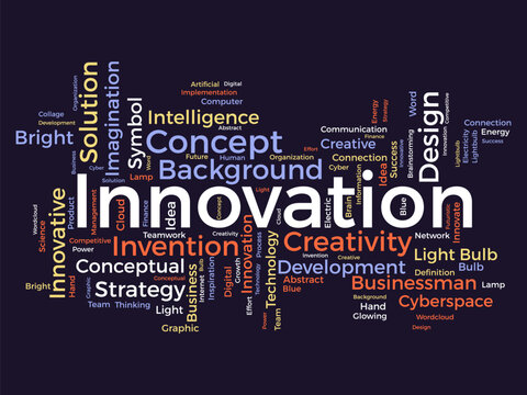 Word cloud background concept for Innovation. Creativity concept strategy can do invention solution idea develop. vector illustration.