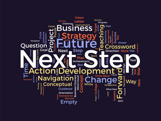 Word cloud background concept for Next Step. Future vision strategy for change progress. vector illustration.
