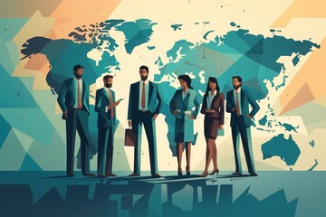 business people standing in line against a background with world map. Generative AI