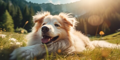 AI Generated. AI Generative. Outdoor nature field meadow pet animal happy smile dog portrait face running funny friend. Graphic Art