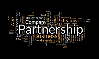Word cloud background concept for Partnership. Business teamwork success, friendship strategy of company success. vector illustration.