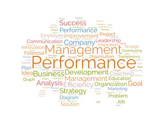 Word cloud background concept for Performance management. Employee commitment progress strategy of business coaching efficiency. vector illustration.