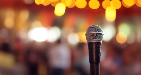 Microphone in front of blurred background at event, concert or festival - Generative AI
