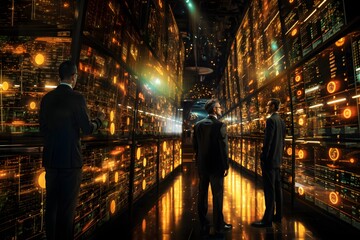 Businessman standing in a vast industrial hall amidst servers, conversing with an artificial intelligence, looking at a chart that's ascending upwards