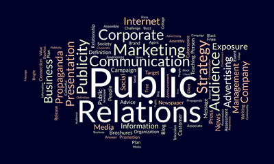 Word cloud background concept for Public Relations. Business communication, corporate campaign and media marketing. strategy of publicity promotion. vector illustration.