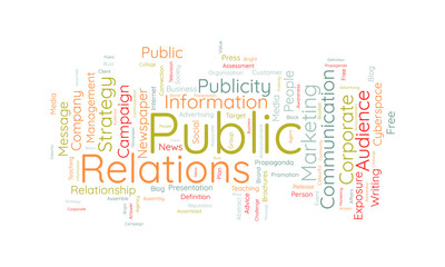 Word cloud background concept for Public Relations. Business communication, corporate campaign and media marketing. strategy of publicity promotion. vector illustration.