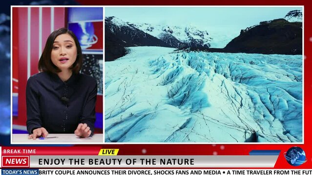 Asian presenter shows beautiful landscapes, advertising natural icelandic glaciers in new goegraphic reportage. Journalist broadcasting live arctic footage of amazing scenery on live tv.