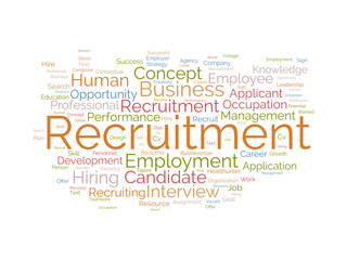 Word cloud background concept for Recruitment. Business employment resource search for hiring human job concept. vector illustration.