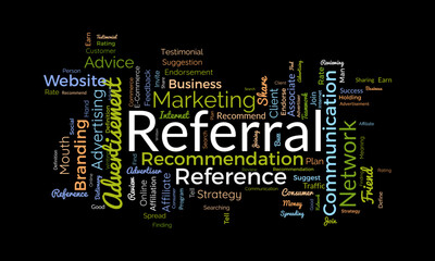 Word cloud background concept for Referrals. Business affiliate suggestion strategy for traffic network advertising. vector illustration.