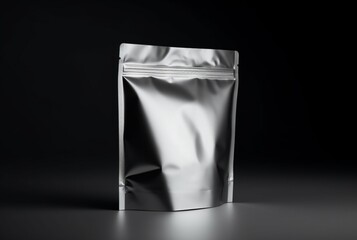 Blank foil food bag isolated on black background. generative ai - obrazy, fototapety, plakaty