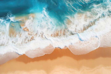 Ocean Waves On Golden Sand, Drone View. Generative AI
